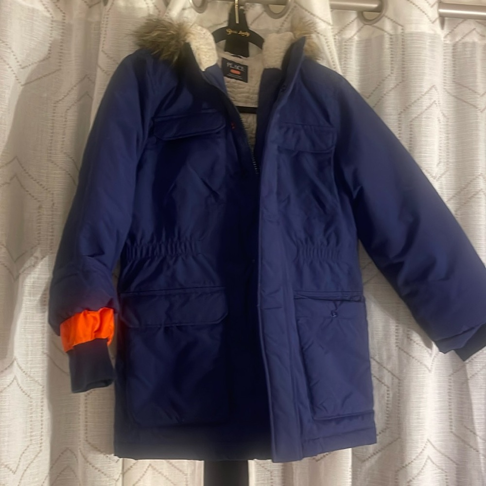 Childrens Place Boys 10/12 Parka Coat Sherpa 4 Pockets Zip Snap Close Water rest